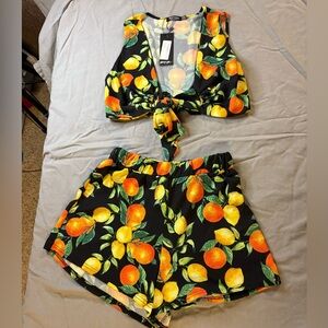 Nasty Gal Black Fruit Print Tie-Front Top & Shorts Set